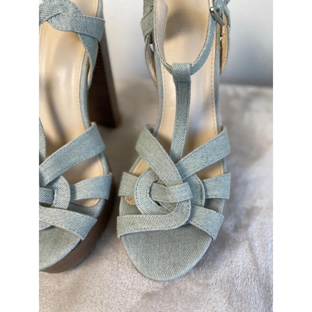 Charlotte Russe Denim Platform Sandals Light Wash Blue Strappy Block Heel Size 9
